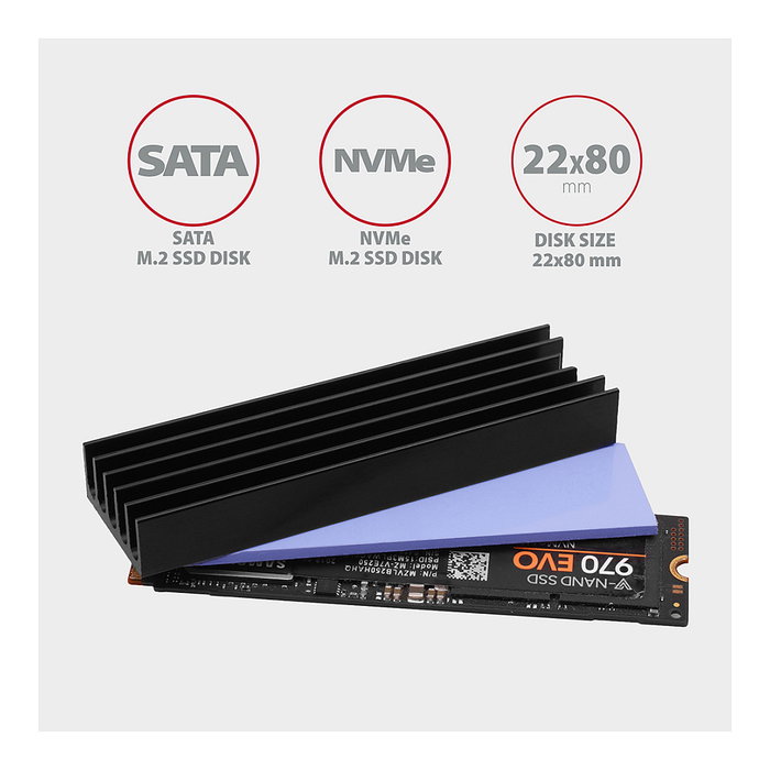 Axagon CLR-M2L10 Disipador de calor pasivo para M.2 SSD 2280, Negro