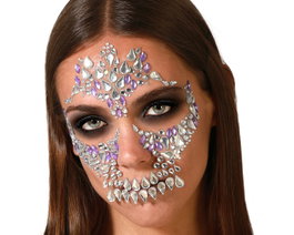 Joyas faciales adhesivas de calavera con detalles rojos y plateados