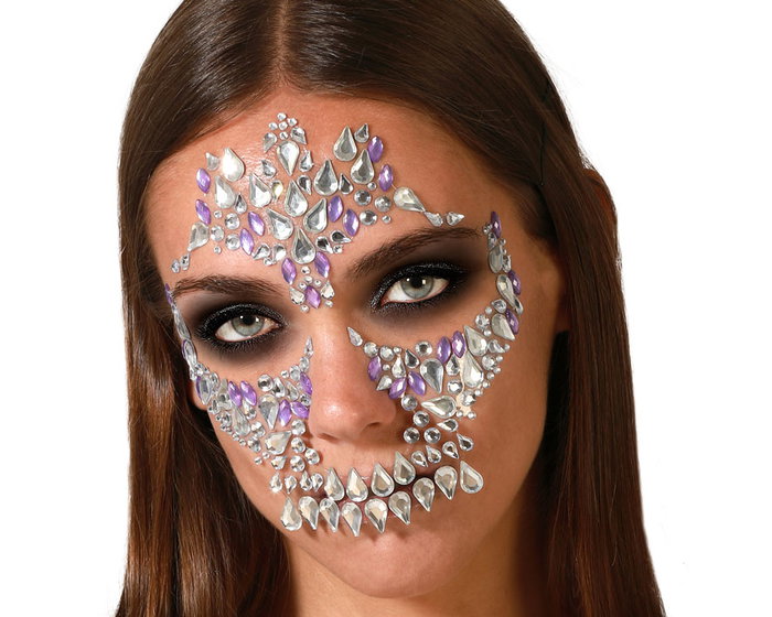 Joyas faciales adhesivas de calavera con detalles rojos y plateados Joyas faciales adhesivas de calavera con detalles rojos y plateados