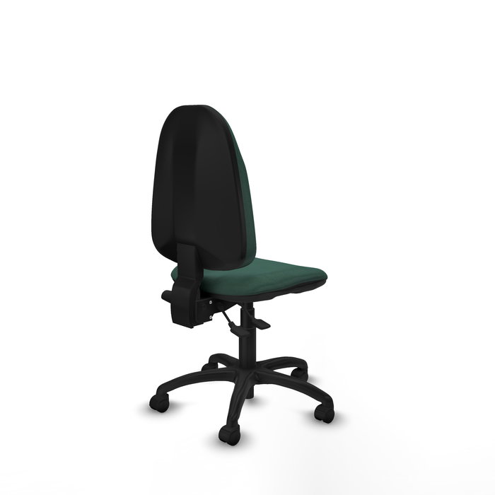 Silla de oficina Algarra con mecanismo Asincro tapizada con Tela color Verde botella. Equipada con Base poliamida negra, Sin brazos y Ruedas de nailon 50 mm