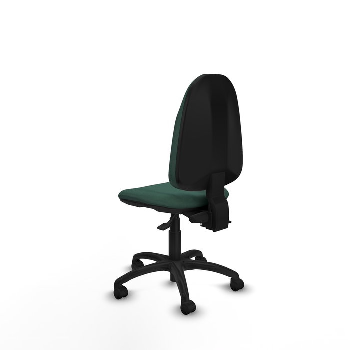 Silla de oficina Algarra con mecanismo Asincro tapizada con Tela color Verde botella. Equipada con Base poliamida negra, Sin brazos y Ruedas de nailon 50 mm