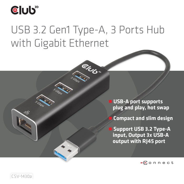 CLUB-3D Hub USB 3.2 Gen1 Tipo-A con 3 Puertos USB-A y Gigabit Ethernet, Negro