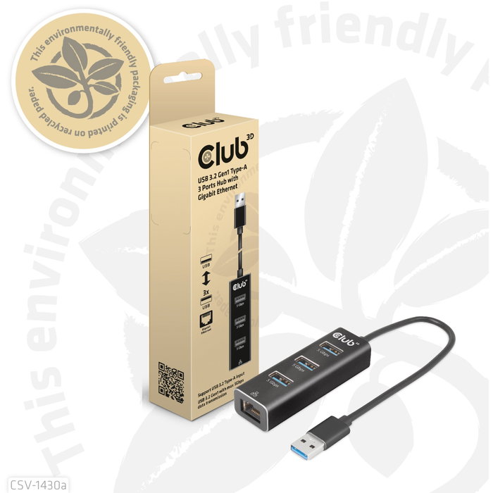 CLUB-3D Hub USB 3.2 Gen1 Tipo-A con 3 Puertos USB-A y Gigabit Ethernet, Negro