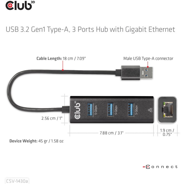 CLUB-3D Hub USB 3.2 Gen1 Tipo-A con 3 Puertos USB-A y Gigabit Ethernet, Negro