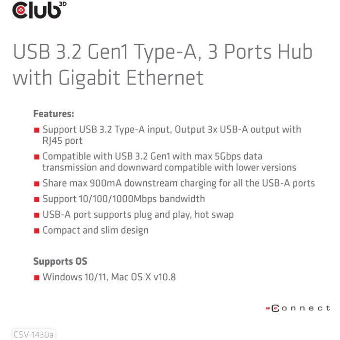 CLUB-3D Hub USB 3.2 Gen1 Tipo-A con 3 Puertos USB-A y Gigabit Ethernet, Negro