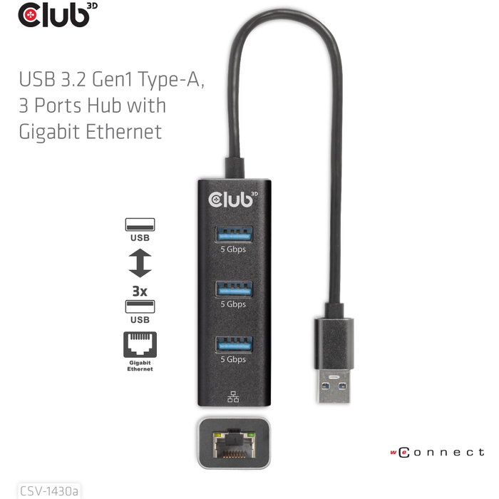 CLUB-3D Hub USB 3.2 Gen1 Tipo-A con 3 Puertos USB-A y Gigabit Ethernet, Negro
