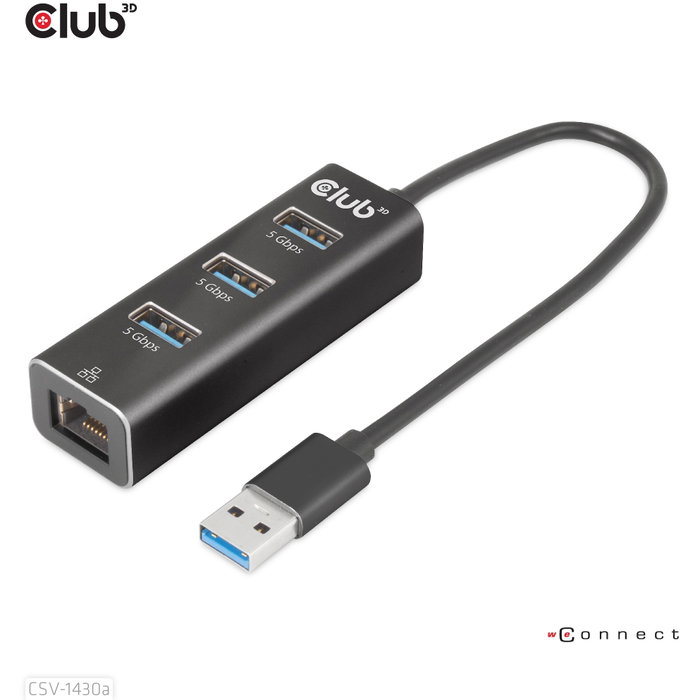 CLUB-3D Hub USB 3.2 Gen1 Tipo-A con 3 Puertos USB-A y Gigabit Ethernet, Negro