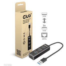 CLUB-3D Hub USB 3.2 Gen1 Tipo-A con 3 Puertos USB-A y Gigabit Ethernet Negro