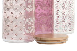 DKD Home Decor Bote Pixel love Rosa Blanco 10 x 17 x 10 cm (1L) Borosilicato Bambú Cierre Hermético