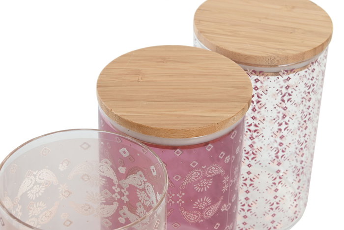 DKD Home Decor Bote Pixel love Rosa Blanco 10 x 17 x 10 cm (1L) Borosilicato Bambú Cierre Hermético