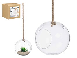 Giftdecor Jarrón Colgar Cuerda Bola Vidrio Borosilicato y Cáñamo Transparente Marron 18x20x18 cm (Set de 6)