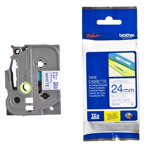 Brother TZe-253 Cinta Laminada 24mm Azul sobre Blanco Brother TZe-253 Cinta Laminada 24mm Azul sobre Blanco