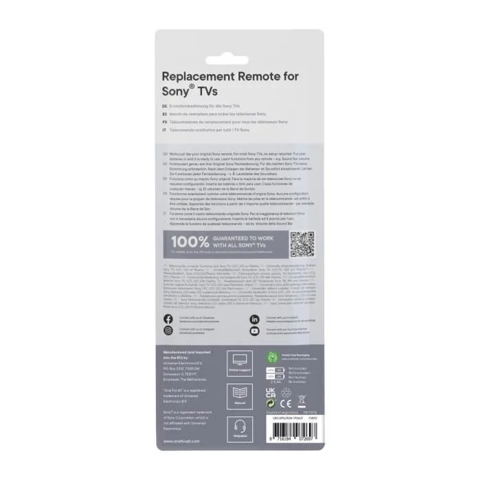 One For All URC4912 Mando a distancia de repuesto para Sony TV con acceso directo a Netflix y barra de sonido, sin programación One For All URC4912 Mando a distancia de repuesto para Sony TV con acceso directo a Netflix y barra de sonido, sin programación