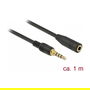 DeLOCK 85629 Cable de Extension Audio 3.5mm 4 Polos - 1 m (Jack Mini 3.5mm Macho a Hembra, Negro, Conectores Chapados en Oro)