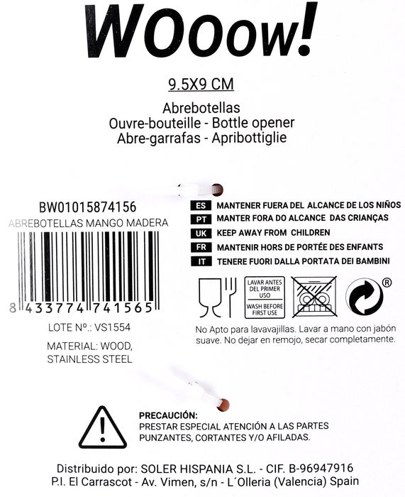 Wooow Abrebotellas Mango Madera Privilege 9.5 cm (Ancho) x 2 cm (Alto) x 9 cm (Largo) (36 Unidades)