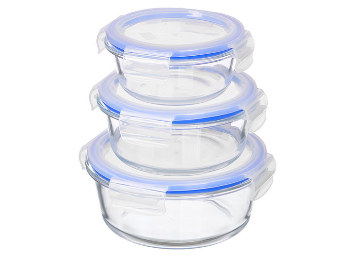 Vivalto Set 3 Fiambreras Tapa Redonda Vidrio y Plástico Transparente y Azul 17.5x17.5x11 cm (Set de 8)