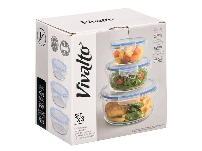 Vivalto Set 3 Fiambreras Tapa Redonda Vidrio y Plástico Transparente y Azul 17.5x17.5x11 cm (Set de 8)