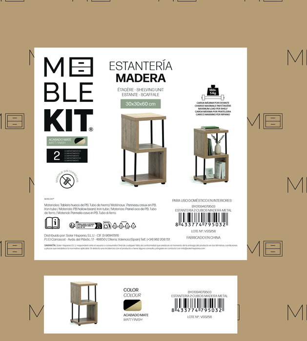 Moblekit Estantería 2 Cubos, Madera y Metal, Estructura de Tubo de 16 mm, Medidas: 30 x 30 x 60 cm (2 Unidades)