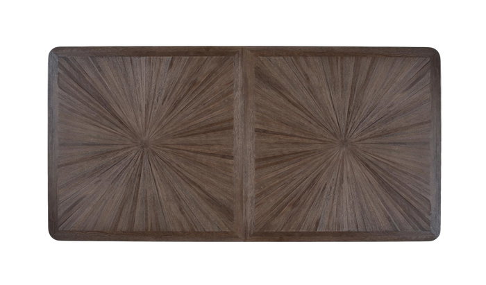 GINER Y COLOMER Mesa de Comedor 180 cm, Madera de Teca Reciclada con Patrón de Marquetería Radial y Base de Patas en X de Hierro Negro