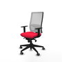 Silla de oficina Horna con mecanismo Sincro tapizada con Tela color Rojo y malla color Blanco. Equipada con lumbar 1D, Brazos 1D y Ruedas 65 mm parqué