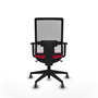 Silla de oficina Horna con mecanismo Sincro tapizada con Tela color Rojo y malla color Blanco. Equipada con lumbar 1D, Brazos 1D y Ruedas 65 mm parqué