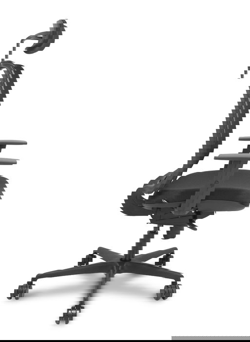 Silla de oficina Alares con mecanismo Sincro tapizada con Tela color Negro. Equipada con lumbar 1D, Brazos 1D, Cabecero 2D y Ruedas 65mm nailon