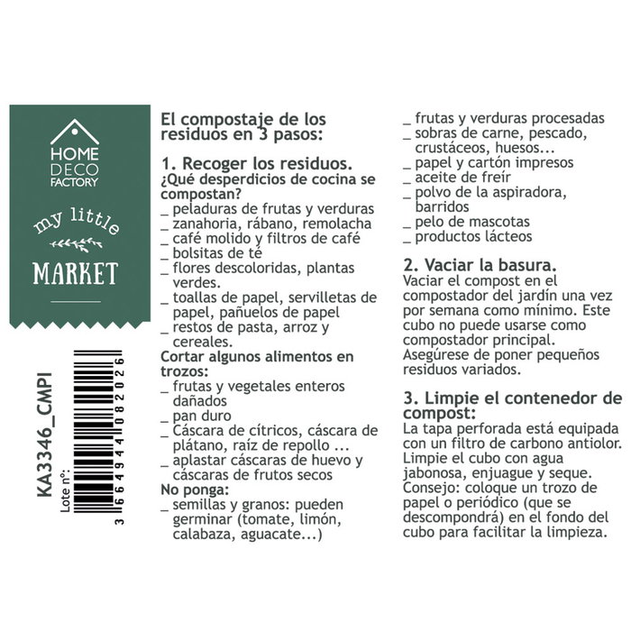 Home Deco Factory Cubo Metal Compostaje 5L con Filtro Antiolor Acero Galvanizado Estilo Little Market