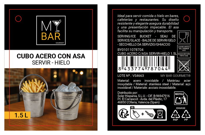 My Bar Cubo Acero con Asa para Servir Hielo 1.5L 14x13.4 cm (12 Unidades)