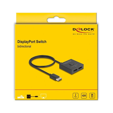 DeLOCK DisplayPort Switch 2 auf 1 bidirektional 8K, Conmutador 2 a 1 Bidireccional DisplayPort 8K 60Hz HDR, Resolución 7680x4320, Negro