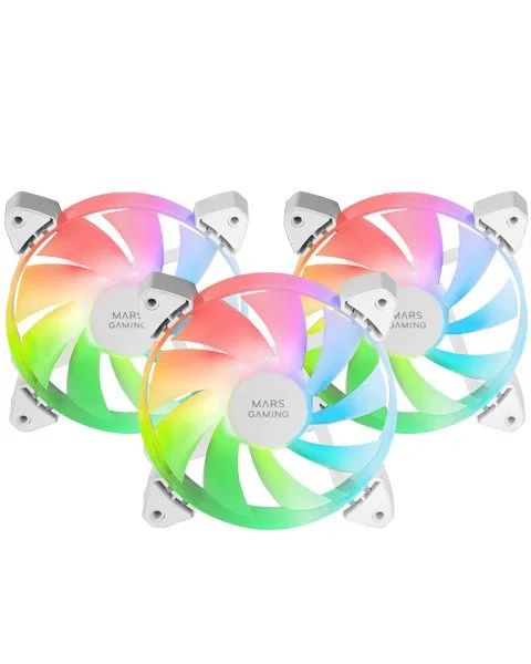 Mars Gaming MF-3A Kit de 3 Ventiladores para PC ARGB 120mm Blanco - Iluminación 360° Rainbow, FDB Ultrasilencioso, 3-pin 5V, Compatible con Aura Sync, Mystic Light