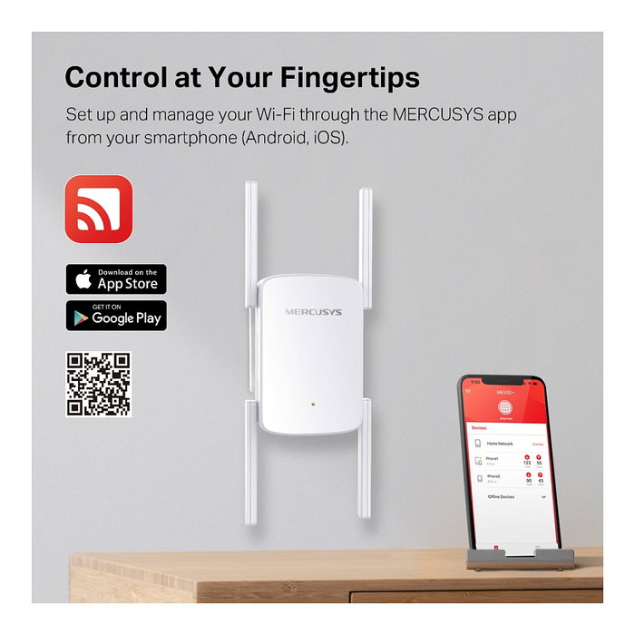 Mercusys ME50G Repetidor WiFi AC1900, Amplificador de Señal 1900 Mbps, Dual Band (2.4GHz/5GHz), 4 Antenas, 1 Puerto Gigabit, WPS, Blanco