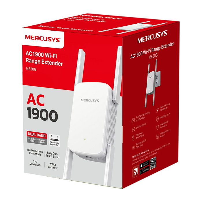 Mercusys ME50G Repetidor WiFi AC1900, Amplificador de Señal 1900 Mbps, Dual Band (2.4GHz/5GHz), 4 Antenas, 1 Puerto Gigabit, WPS, Blanco