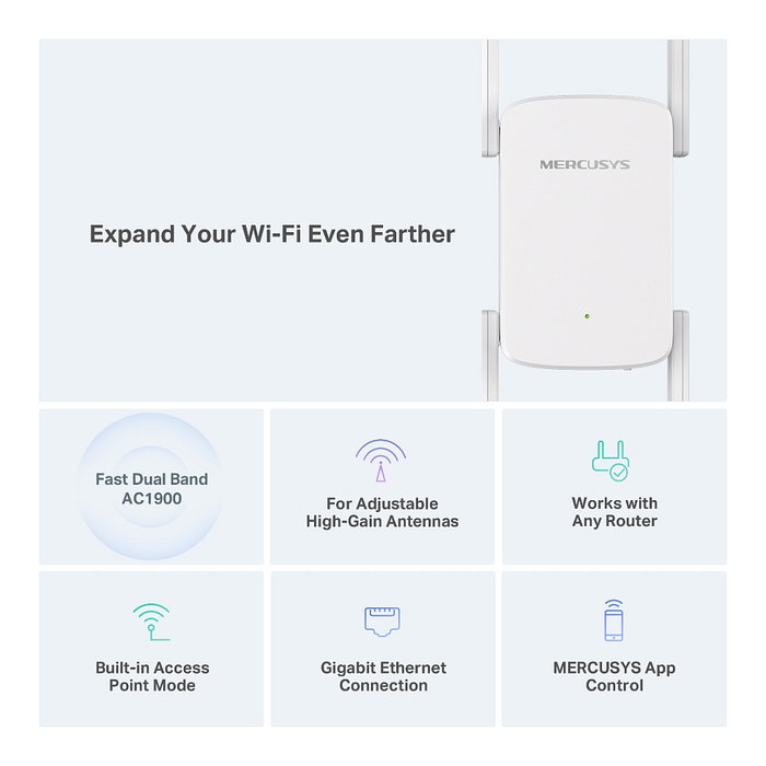 Mercusys ME50G Repetidor WiFi AC1900, Amplificador de Señal 1900 Mbps, Dual Band (2.4GHz/5GHz), 4 Antenas, 1 Puerto Gigabit, WPS, Blanco