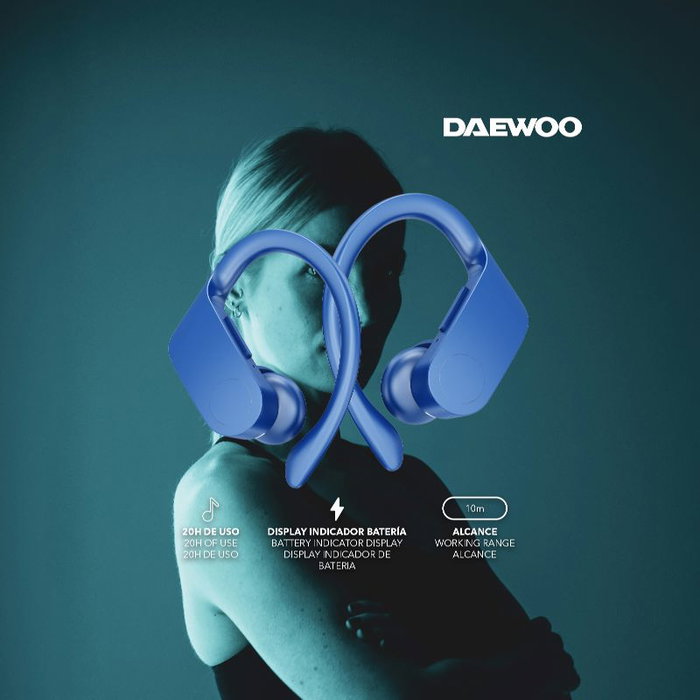 DAEWOO Auricular TWS Sport con Gancho, LED Indicador de Batería, Bluetooth 5.0, 30mAh/300mAh, Carga Tipo C Azul