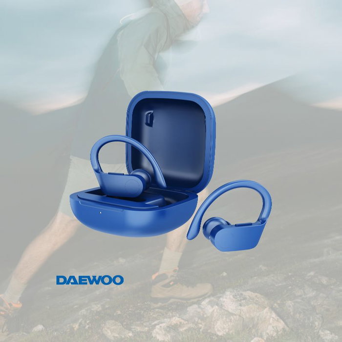 DAEWOO Auricular TWS Sport con Gancho, LED Indicador de Batería, Bluetooth 5.0, 30mAh/300mAh, Carga Tipo C Azul
