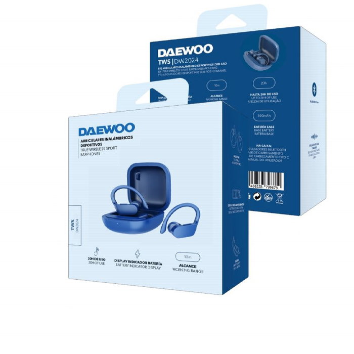 DAEWOO Auriculares Bluetooth TWS Sport con Gancho, Indicador LED, Batería 30 mAh/300 mAh, Carga USB Tipo C, Color Azul