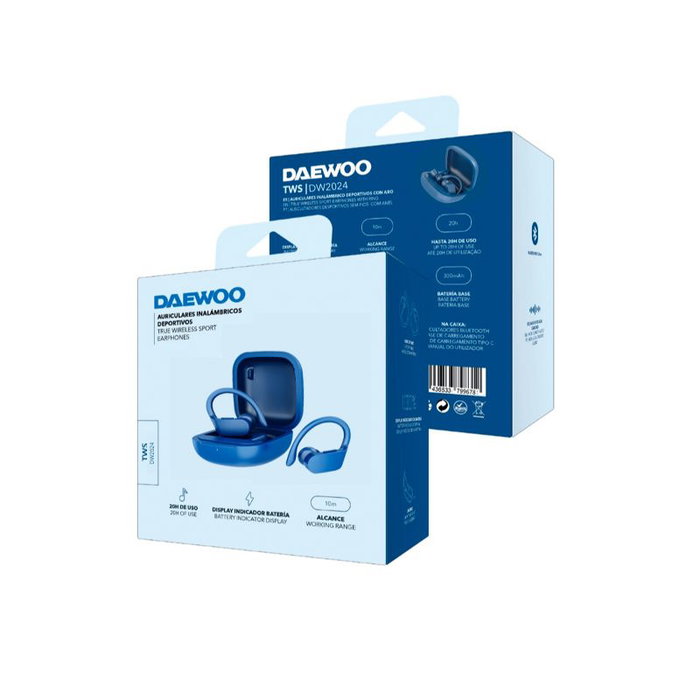 DAEWOO Auricular TWS Sport con Gancho, LED Indicador de Batería, Bluetooth 5.0, 30mAh/300mAh, Carga Tipo C Azul