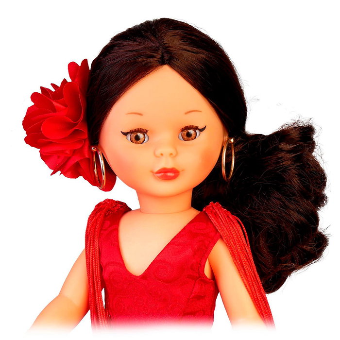 Famosa Nal02000 Muñeca Nancy Colección Flamenca Reedición, vestido raso rojo sin mangas y flecos, coleta rizada con flor, +6 años Famosa Nal02000 Muñeca Nancy Colección Flamenca Reedición, vestido raso rojo sin mangas y flecos, coleta rizada con flor, +6 años