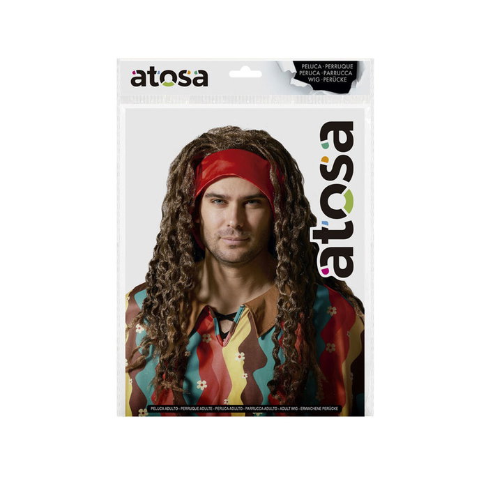 Peluca Hippie Castaña con Cinta Roja para Disfraces y Fiestas Peluca Hippie Castaña con Cinta Roja para Disfraces y Fiestas