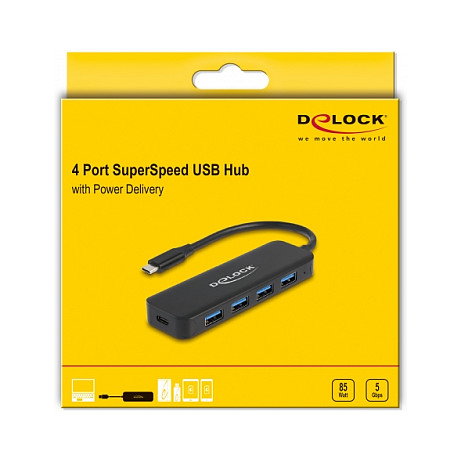 DeLOCK Hub USB Type-C 4 Puertos USB 3.2 Gen 1 con Power Delivery 85W Negro DeLOCK Hub USB Type-C 4 Puertos USB 3.2 Gen 1 con Power Delivery 85W Negro