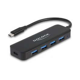 DeLOCK Hub USB-C 4 Puertos USB 3.2 Gen 1 + 1 USB-C con Power Delivery de 85W, Negro, Metal - Hub USB Tipo C con 5 Puertos y Carga Rápida