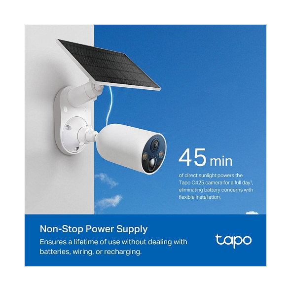 TP-Link Tapo C425 Kit (EU) - Cámara de Seguridad Exterior IP Inalámbrica Solar, 4MP, Blanco, Forma Bala, con Montaje para Techo/Pared