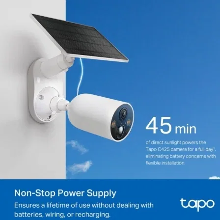 TP-Link Tapo C425 KIT Cámara Vigilancia WiFi Exterior con Batería Integrada y Panel Solar, Visión Nocturna a Color 2K, Detección Personas/Mascotas por IA, Resistente IP66