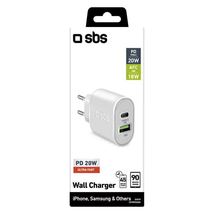 SBS Cargador de Pared USB-C + USB-A Power Delivery 20W, Carga Rápida, Blanco, TETRPD20W