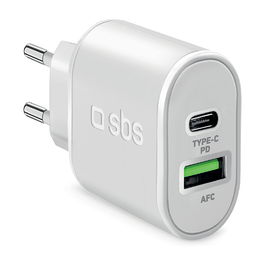 SBS Cargador de Pared USB-C + USB-A Power Delivery 20W, Carga Rápida, Blanco, TETRPD20W