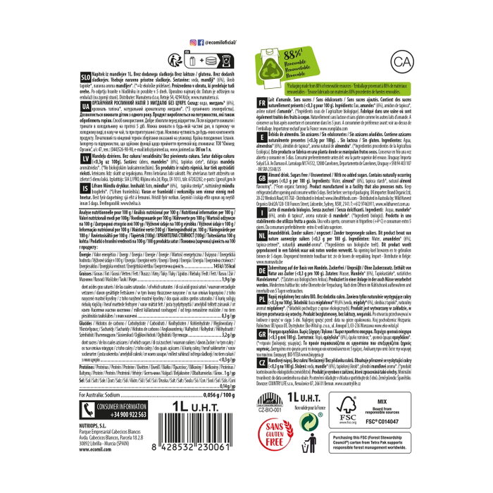 Ecomil Bebida de Almendras Bio sin Azúcar 1L Ecomil Bebida de Almendras Bio sin Azúcar 1L