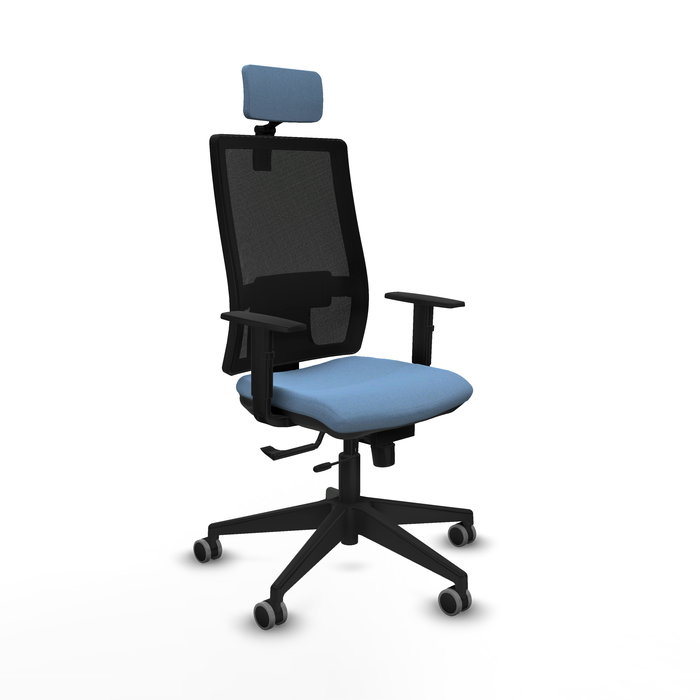 Silla de oficina Horna con mecanismo Sincro/Traslack tapizada con Tela color Azul cielo y malla color Negro. Equipada con lumbar 1D, Brazos 1D, Cabecero 2D y Ruedas 65 mm parqué Silla de oficina Horna con mecanismo Sincro/Traslack tapizada con Tela color Azul cielo y malla color Negro. Equipada con lumbar 1D, Brazos 1D, Cabecero 2D y Ruedas 65 mm parqué