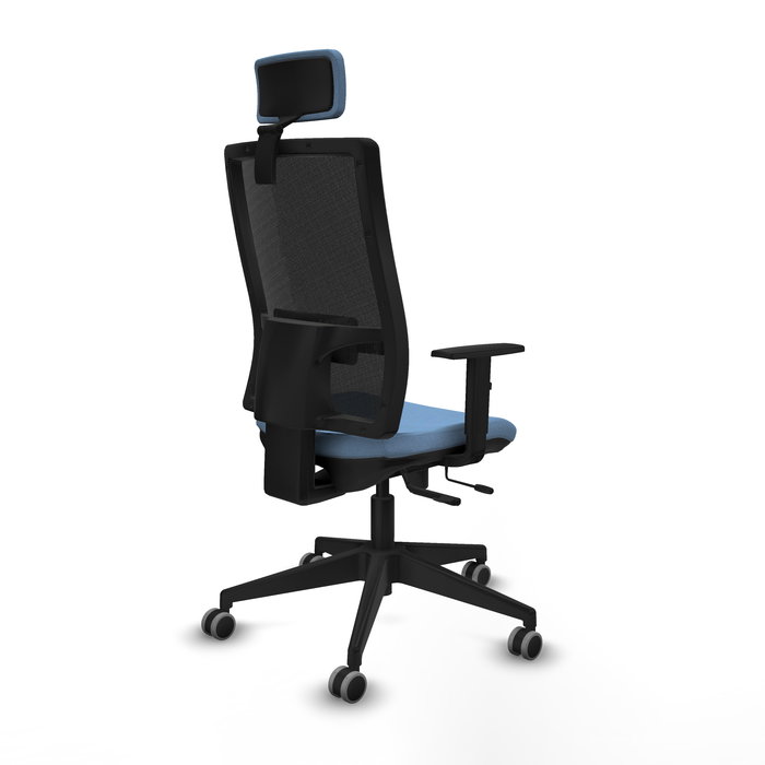 Silla de oficina Horna con mecanismo Sincro/Traslack tapizada con Tela color Azul cielo y malla color Negro. Equipada con lumbar 1D, Brazos 1D, Cabecero 2D y Ruedas 65 mm parqué Silla de oficina Horna con mecanismo Sincro/Traslack tapizada con Tela color Azul cielo y malla color Negro. Equipada con lumbar 1D, Brazos 1D, Cabecero 2D y Ruedas 65 mm parqué