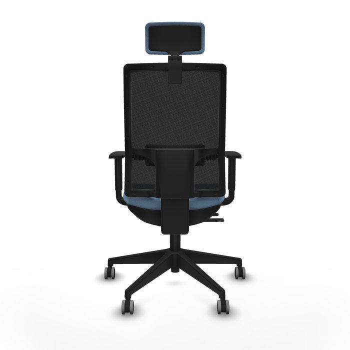 Silla de oficina Horna con mecanismo Sincro/Traslack tapizada con Tela color Azul cielo y malla color Negro. Equipada con lumbar 1D, Brazos 1D, Cabecero 2D y Ruedas 65 mm parqué Silla de oficina Horna con mecanismo Sincro/Traslack tapizada con Tela color Azul cielo y malla color Negro. Equipada con lumbar 1D, Brazos 1D, Cabecero 2D y Ruedas 65 mm parqué