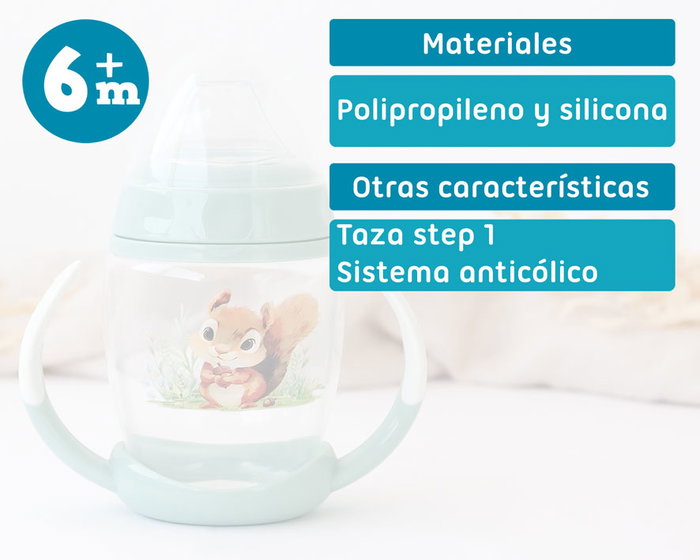 KioKids Taza Aprendizaje Ardilla Asas Bebé Color Salvia 270 mL Colección Honey